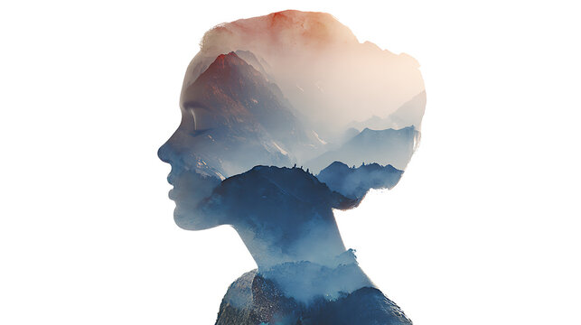 Double exposure of a woman's profile with a majestic mountain range layered within. The serene mountain landscape evokes a sense of contemplation and inner peace.
