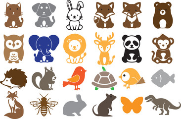 Obraz premium Cute animal characters vector asset bundle with flat colorful cartoon wildlife icons