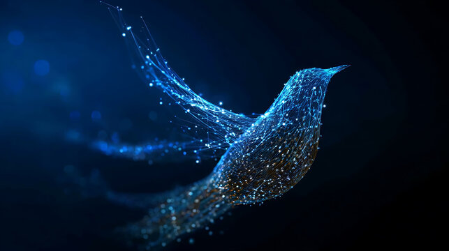 An abstract, digital rendering of a bird composed of shimmering blue light particles against a dark background, conveying a sense of technology and ethereal beauty