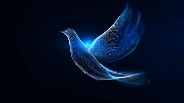 A glowing blue abstract dove soaring through darkness, symbolizing peace and hope. Its wings are ethereal, emitting soft light against the deep background