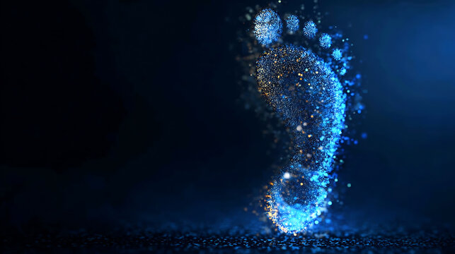 A luminous, ethereal footprint composed of shimmering particles against a dark, cosmic background, suggesting a profound impact or digital trace
