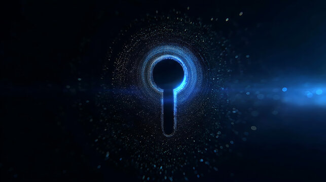 A futuristic digital keyhole with glowing blue particles and a dark background