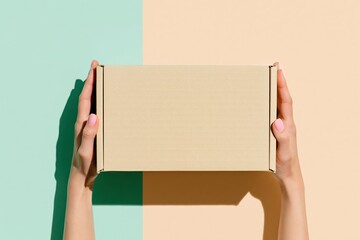 Fototapeta premium Overhead view of a tan cardboard box held by female hands, featuring a clean minimalist aesthetic and soft matte texture for unboxing and delivery concepts