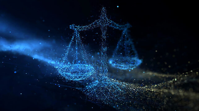 Abstract scales of justice composed of glowing blue particles floating in a dark, ethereal space with streaks of light