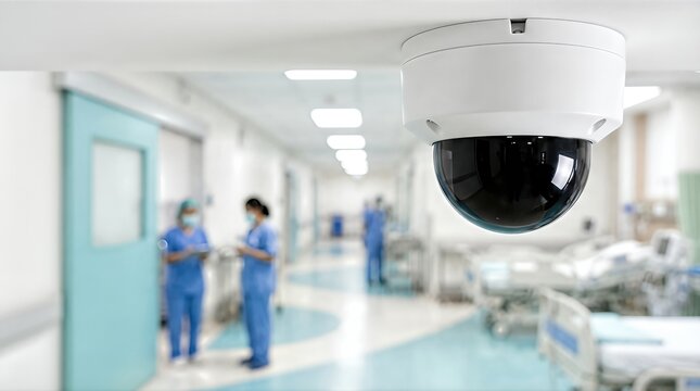 CCTV security camera mounted on ceiling in hospital corridor with medical staff in blue scrubs attending to patients in the background, bright lighting and clean environment