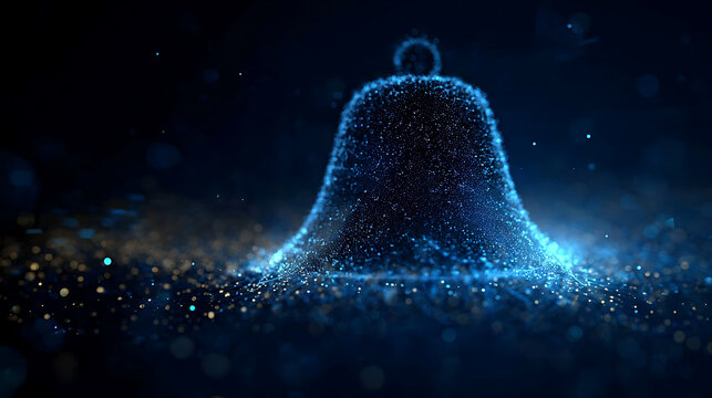 A glowing, ethereal bell made of shimmering particles floating above a dark, sparkling ground. The atmosphere is mystical and full of wonder