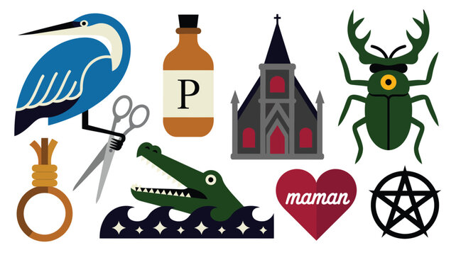Collection of distinct flat illustrations featuring a blue heron, gothic church, alligator, and symbolic objects