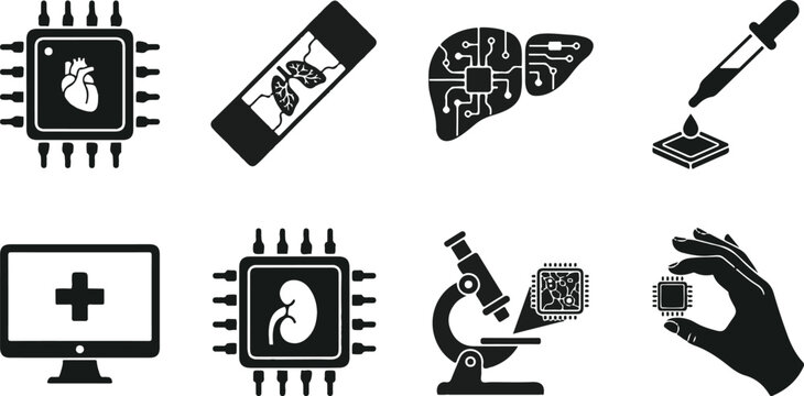 Modern organ on a chip technology icons set including heart lung liver kidney microchips for medical research and drug testing