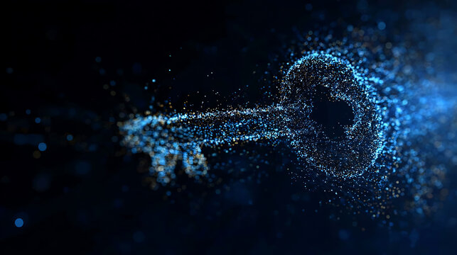 Digital key made of glowing particles on a dark background. The key is unlocking a new digital world and opportunities
