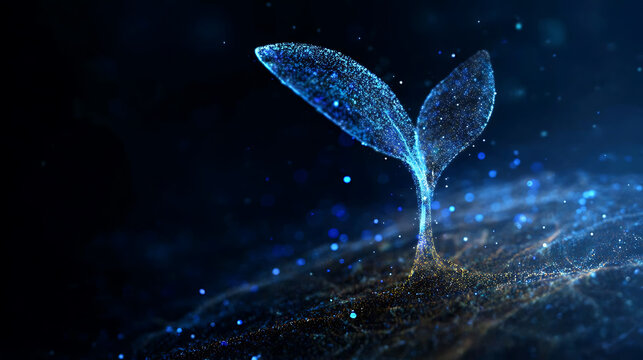 A digital plant sprout growing from digital soil with glowing particles, symbolizing growth and technology