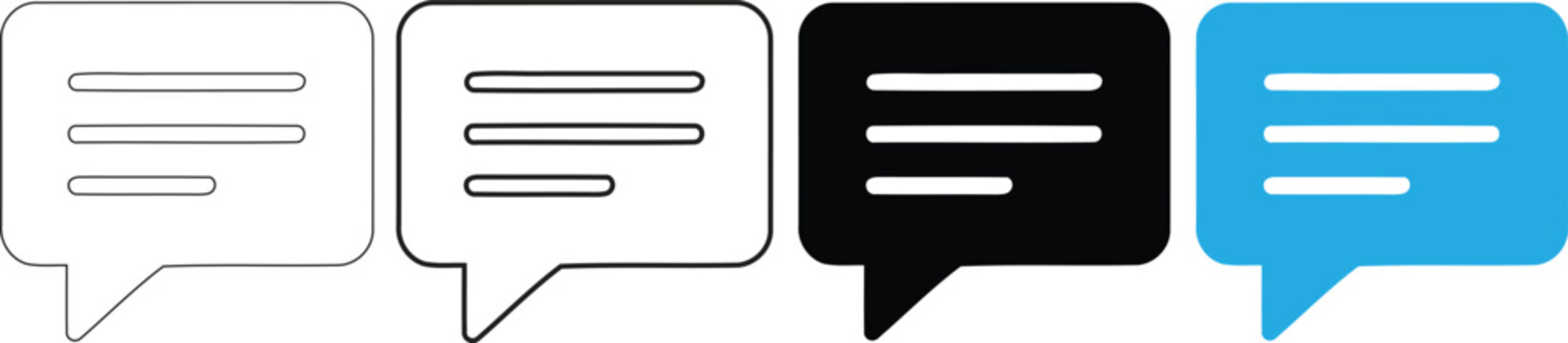 Four speech bubble outline, thick outline, black, and blue chat bubble