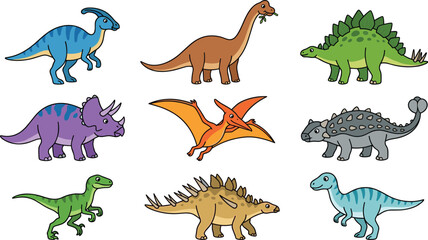 Cartoon dinosaur vector collection set featuring colorful jurassic prehistoric reptiles triceratops stegosaurus brachiosaurus pterodactyl and ankylosaurus isolated on white background © Kuddus