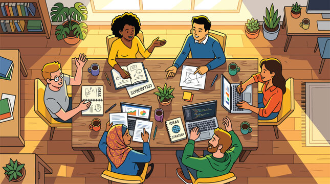 Diverse group of people collaborating around a large wooden table in a bright modern office space.