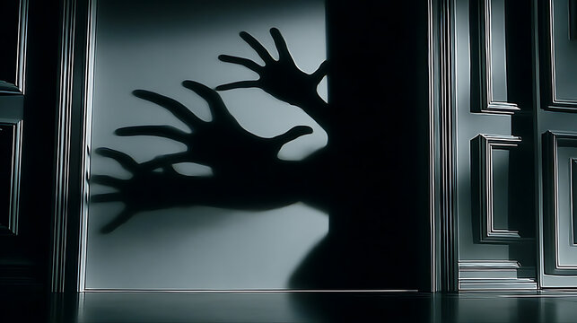 Shadows of hands reaching out from behind a frosted glass door, creating an eerie and suspenseful atmosphere