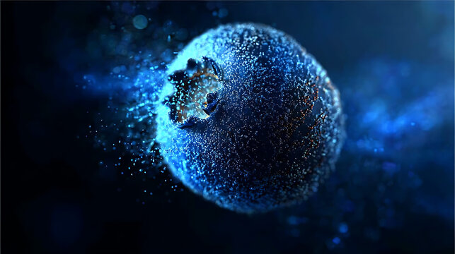 A vivid, high-definition close-up shot of a single, ripe blueberry dissolving into a cloud of blue particles against a dark, ethereal background. The blueberry's texture is detailed.