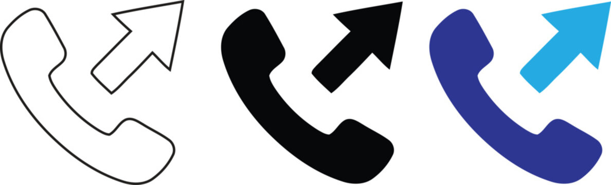 Phone receiver with outgoing arrow, black, blue, and outline call symbol