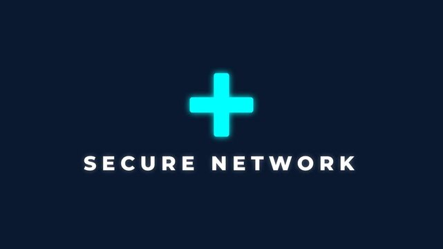 Secure Network Logo Animation with Glowing Cyan Plus Sign on Minimalist Dark Blue Background