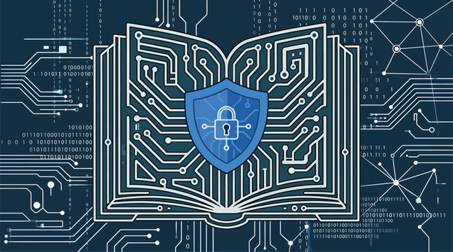 Digital Book Security Concept with Circuit Board and Shield Icon.