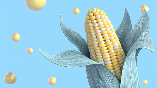 A close-up of a fresh corn cob with its husk peeled back, set against a bright blue background with floating yellow orbs. The corn has alternating kernels of yellow and white.