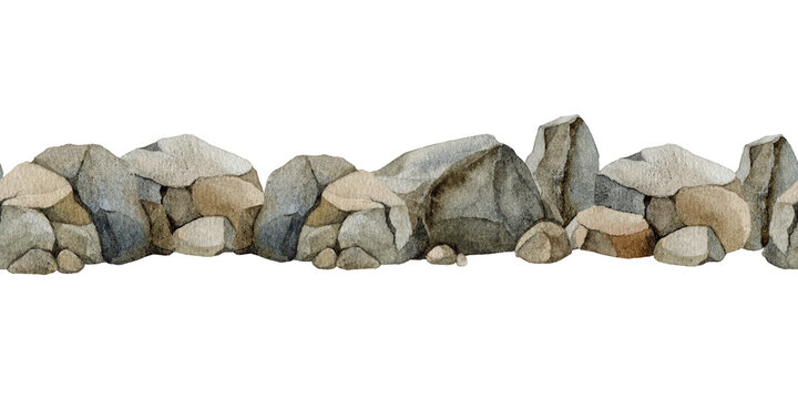 Rocky seamless border with natural stone formations isolated on background. Watercolor hand drawn landscape element for maps, game assets, level design, terrain building and nature scenes