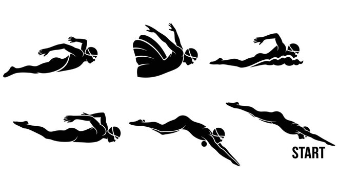 Swimming Styles Silhouette Set in Black and White