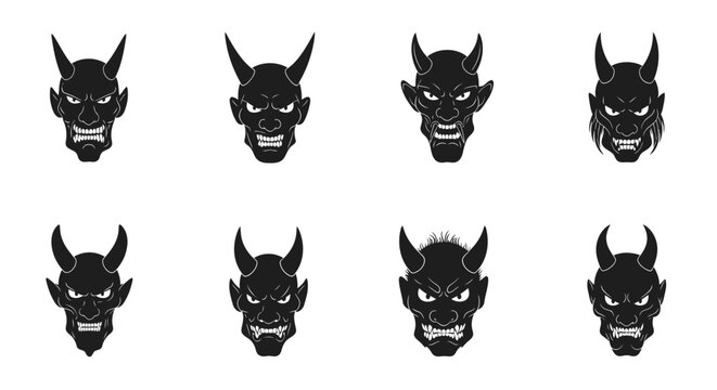 Eight black demon masks displayed in two rows on white