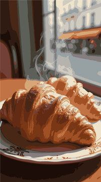 Fresh hot croissants on plate by cafe window with morning light vector illustration