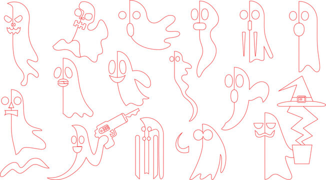 Collection of diverse red outline ghost characters displaying various expressions and shapes