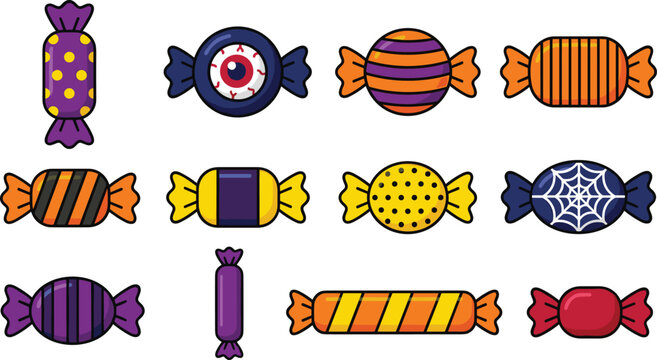 Halloween candy vector collection set featuring spooky wrapped sweets with eyeball spiderweb dots and stripes in festive orange purple and black isolated on white background