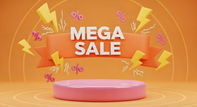 3d render of a podium with a mega sale banner, lightning bolts, and percentage signs on an orange background