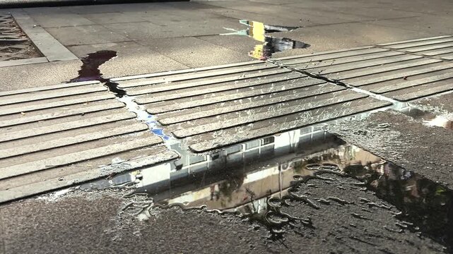 Puddle on the Tactile Paving sidewalk. Broken Urban Drainage Infrastructure