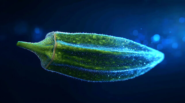 A vibrant okra pod, glowing with an ethereal luminescence against a deep blue backdrop, evokes a sense of natural wonder and culinary potential