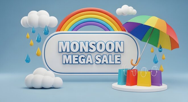 3d render of monsoon mega sale concept with rainbow, umbrella, rain clouds, and shopping bags on a podium
