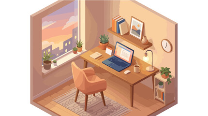 Naklejka premium Calm Minimal Home Office Workspace Vector Illustration Cozy Interior with Laptop Plants and City View