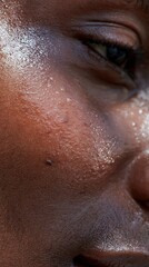 Fototapeta premium Extreme close up of hydrated African American skin texture with dewy serum reflections and visible pores for skincare and dermatology marketing