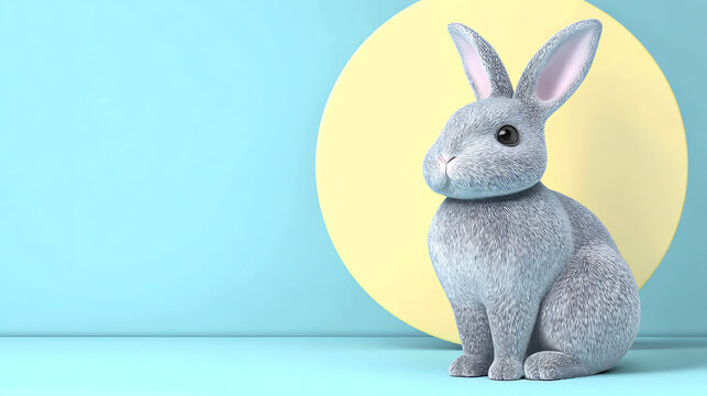 A cute grey bunny sits in front of a yellow circle on a blue background. The bunny has soft fur and big ears, looking directly at the viewer.