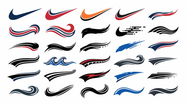 Dynamic swoosh shapes and speed lines set, 30 abstract motion vector icons, athletic swoosh symbols for sports branding and automotive decals