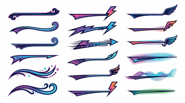 Dynamic sports swoosh vector set, decorative speed lines with lightning and wings, 18 colorful motion graphic elements for logo design and racing branding