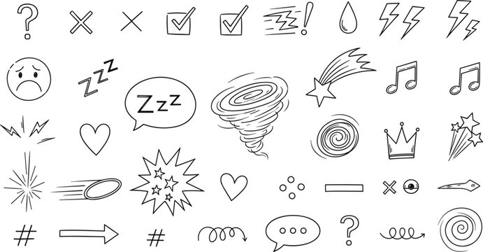 Collection of hand drawn icons and symbols like question marks stars and weather elements vector.