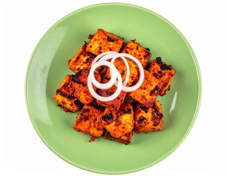Kashmiri Mirch Grilled Fish Kabab On Mint Green Plate Isolated On White Background