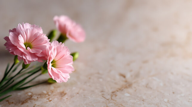 Three delicate pink carnation flowers on a marble surface, with soft natural light casting a gentle glow