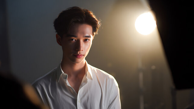 A portrait of a young man with styled hair, wearing a white collared shirt, looking directly at the camera with a neutral expression. He is illuminated by a soft, warm light from the side.