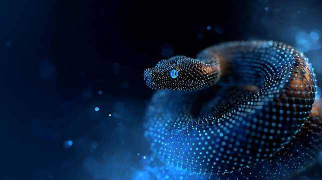A digital illustration of a snake made of blue glowing particles, with a dark background and glowing bokeh effects. The snake's eye is a piercing blue, and its body is coiled in a predatory pose