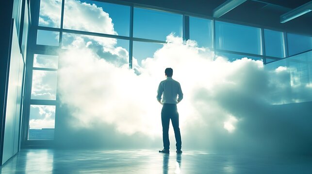 Businessman standing inside a modern bright office looking at large windows with dense white clouds and blue sky outside
