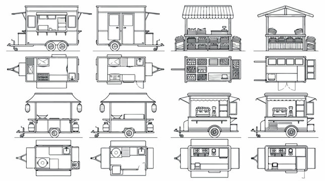 Minimalist food truck line icons, mobile street food trailer vector set, architectural outline of concession stands and kiosk blueprints