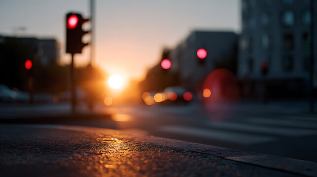 Urban intersection at sunset with traffic lights showing red and warm sun flares casting long shadows, creating a tranquil yet busy atmosphere