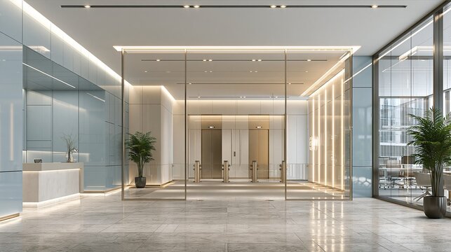 Bright modern empty corporate office lobby with glass partition walls marble floor and reception desk with potted plants showing minimalist contemporary business interior