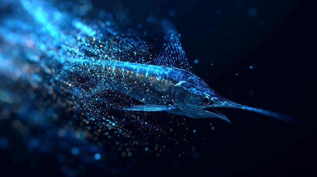 Marlin fish illuminated by blue light swimming in deep water with particles around it