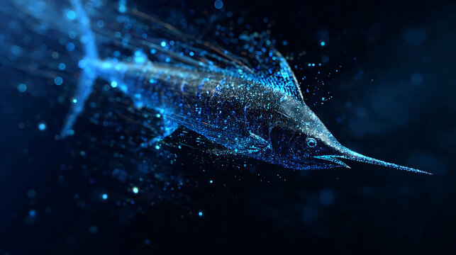 A striking marlin swims through dark blue water, leaving a trail of glowing bioluminescent particles. The fish is depicted with sharp features and a long bill.