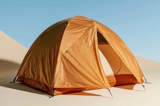 A golden yellow camping tent mockup with silky ripstop fabric texture in a clean studio display for outdoor brand promotion and adventure gear templates